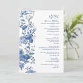 Elégant Mariage Floral Toile Bleu Français Menu (Debout devant)