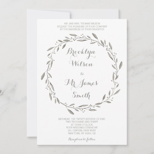 Élégant mariage Invitation Gris Floral Wreath (Devant)