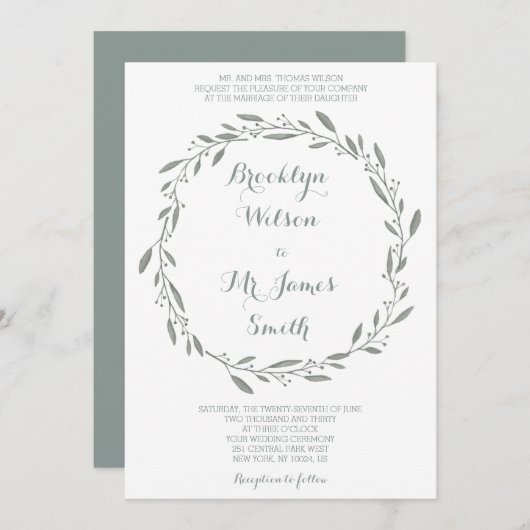 Élégant mariage Invitation Sage Floral Wreath (Devant / Derrière)