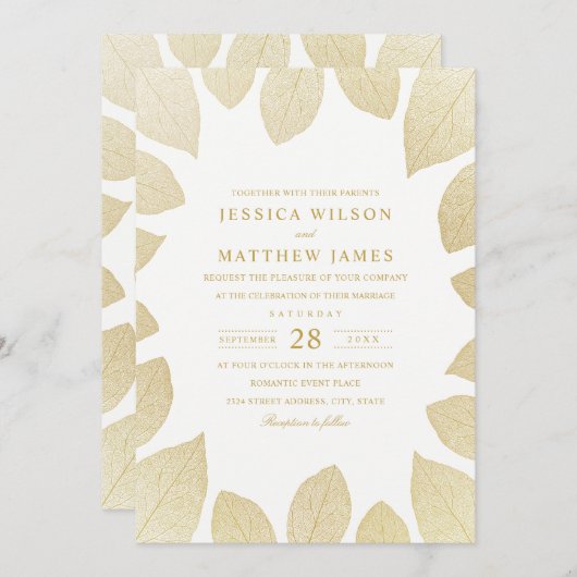 Elégant Mariage Invitations Gold Look Fall Leaves (Devant / Derrière)