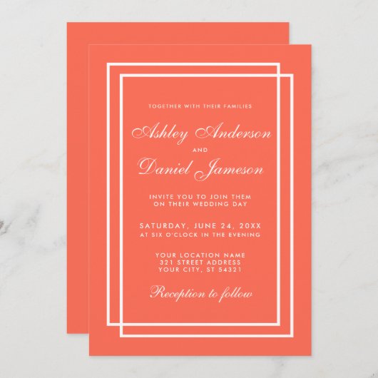 Elégant Mariage moderne Coral White Invitation (Devant / Derrière)