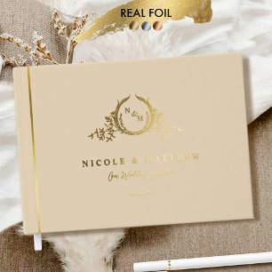 Élégant Mariage Monogrammé Beige et Vrai Feuilleta