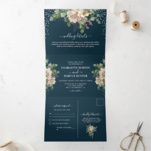 Élégant Mariage Rose Pâle Florales & Navy Tri-Fold