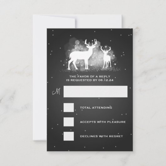 Élégant Mariage RSVP Winter Deer Sparkle Black (Devant)