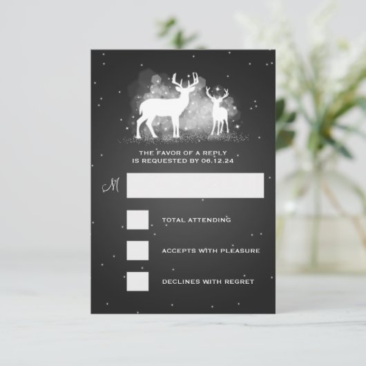 Élégant Mariage RSVP Winter Deer Sparkle Black (Debout devant)
