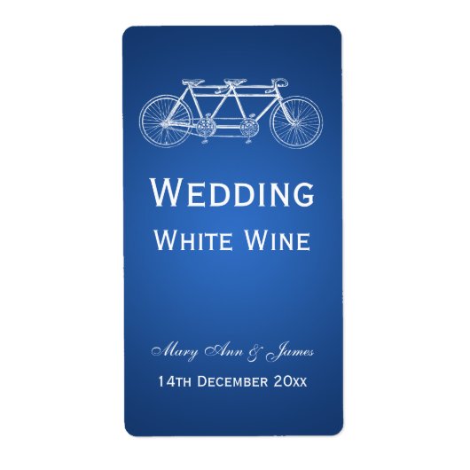 Elégant mariage Vin Étiquette Tandem Vélo Bleu (Devant)