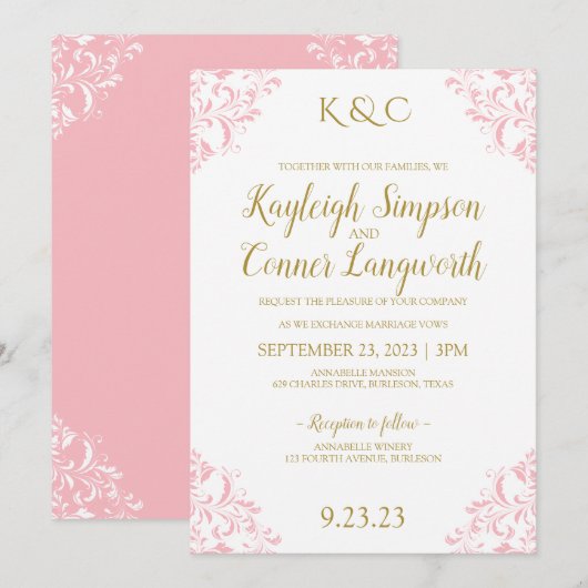Elégant mariage vintage Invitation | Rose & Or (Devant / Derrière)