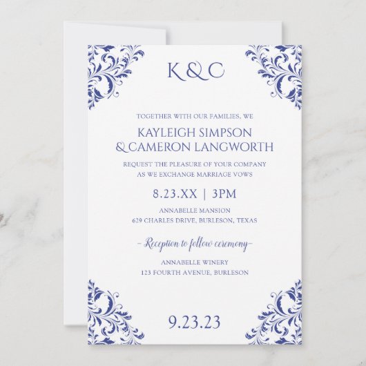 Elégant mariage vintage Invitation | Royal Blue (Devant)