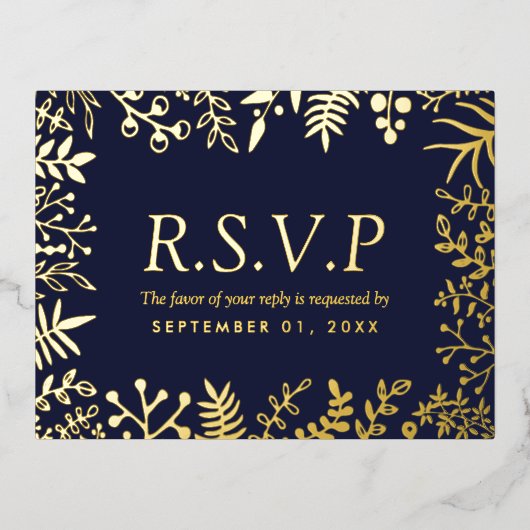 Elegant Marine Blauw Bloemen Bruiloft RSVP Echt Folie Uitnodiging Briefkaart (Voorkant)