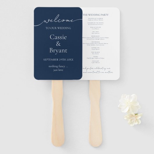 Elegant Marine Blauw Modern Script Wedding Program Handwaaier (Voorkant en achterkant)