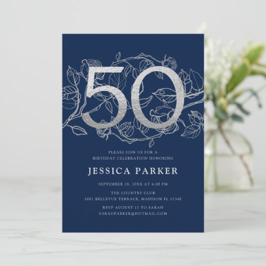 Elegant Marine Blauw Zilver 50ste Verjaardag Kaart (Staand voorkant)