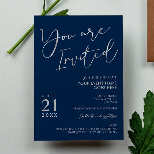 Elegant Marine Blauw & Zilver Script Company Party Kaart