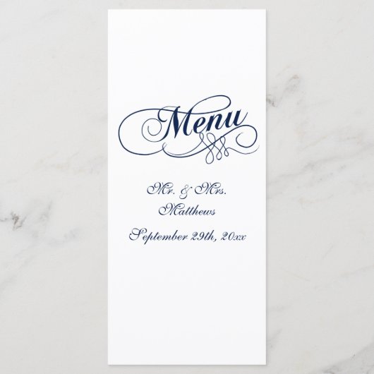 Elégant Marine Bleu Et Blanc Mariage Menu Modèles (Dos)
