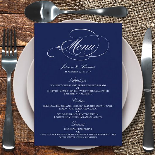 Elégant Marine Bleu Et Blanc Mariage Menu Modèles