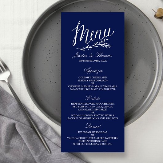 Elégant Marine Bleu Et Blanc Mariage Menu Modèles