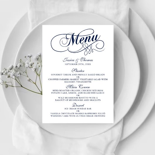 Elégant Marine Bleu Et Blanc Mariage Menu Modèles