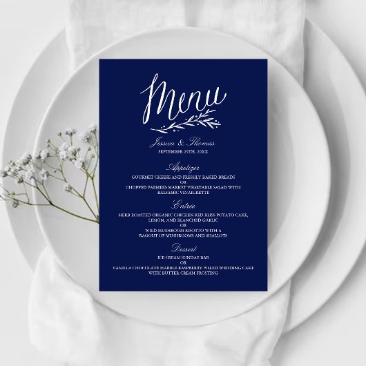 Elégant Marine Bleu Et Blanc Mariage Menu Modèles