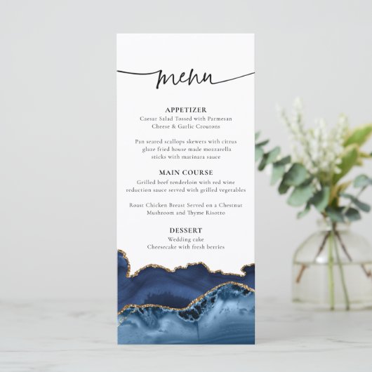 Elegant Marine Blue and Gold Agate Menu Mariage (Debout devant)