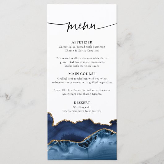 Elegant Marine Blue and Gold Agate Menu Mariage (Devant)
