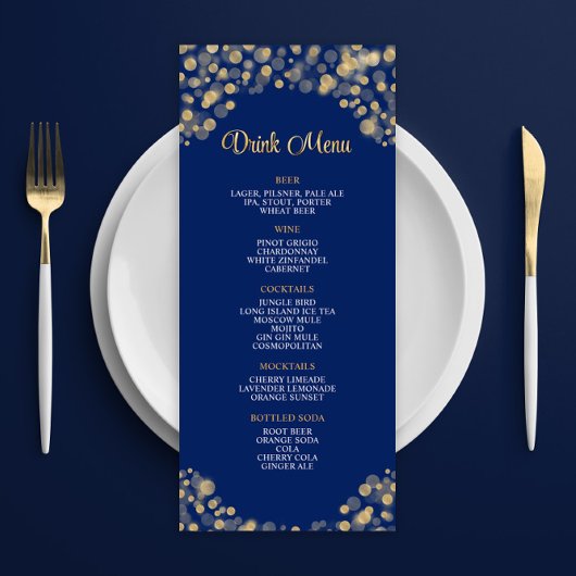 Elegant Marine Blue and Gold Drink Menu