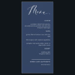 Elégant marine Blue Calligraphy Menu Mariage<br><div class="desc">Elégant bleu marine mariage ou dîner réception Carte menu. Contemporain, simple et élégant design avec belle calligraphie manuscrite moderne. Couleur arrière - plan avant et arrière en bleu marine. Possibilité de changer la couleur de l'arrière - plan avant et/ou de l'arrière en sélectionnant "customiser plus loin". Design disponible dans une...</div>