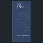 Elégant marine Blue Calligraphy Menu Mariage<br><div class="desc">Elégant bleu marine mariage ou dîner réception Carte menu. Contemporain, simple et élégant design avec belle calligraphie manuscrite moderne. Couleur arrière - plan avant et arrière en bleu marine. Possibilité de changer la couleur de l'arrière - plan avant et/ou de l'arrière en sélectionnant "customiser plus loin". Design disponible dans une...</div>