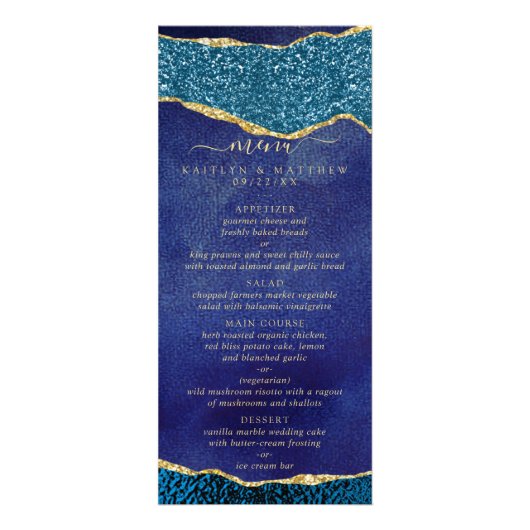 Elegant Marine Blue & Gold Agate Menu Mariage (Devant)