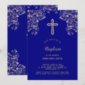 Elégant Marine Blue Gold Cross Baptism Invitation (Devant / Derrière)