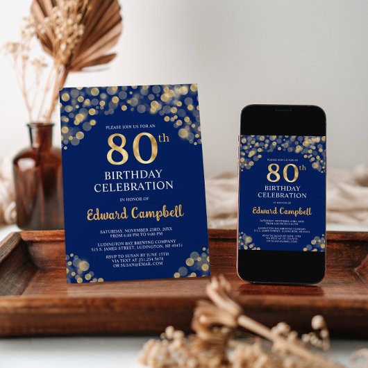 Elégant Marine Blue & Gold Invitation de 80e anniv