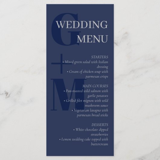 Elegant Marine Blue Grey Typographie Mariage Menu (Devant)