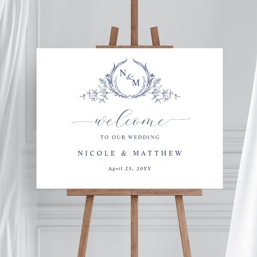 Elégant Marine Blue Monogram Mariage Affiche de bi