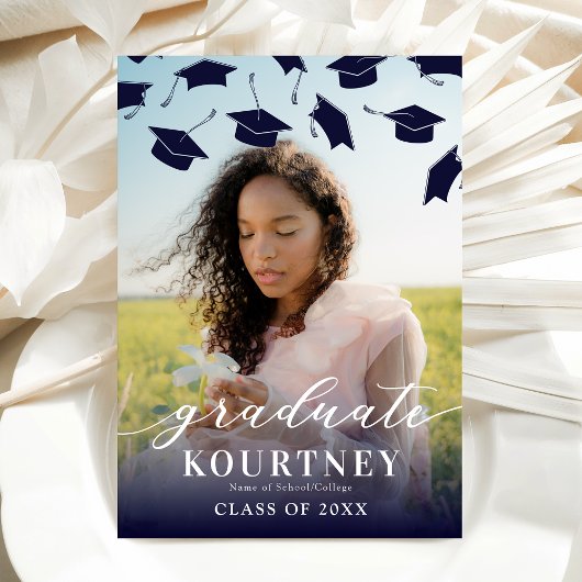 Elégant Marine Blue Photo Graduation Invitation