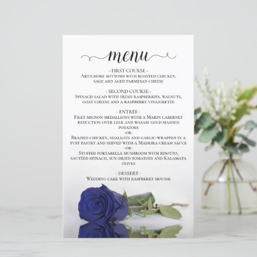 Elégant Marine Blue Rose Budget Mariage Menu (Debout devant)