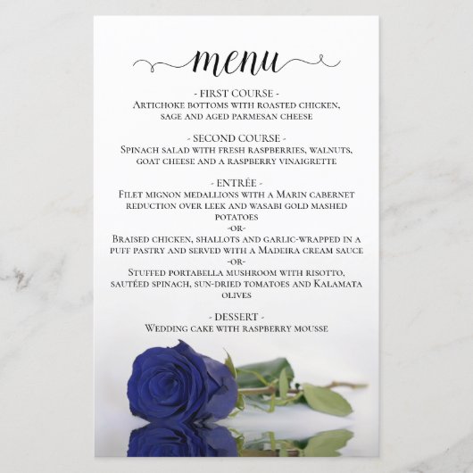 Elégant Marine Blue Rose Budget Mariage Menu (Devant)