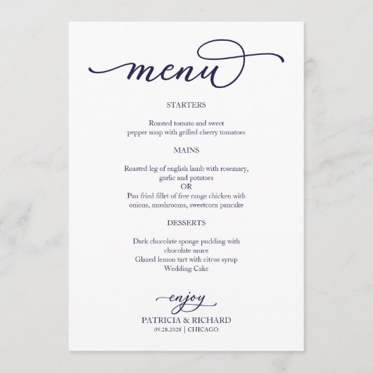 Elegant Marine Blue Script Menu Mariage (Devant)
