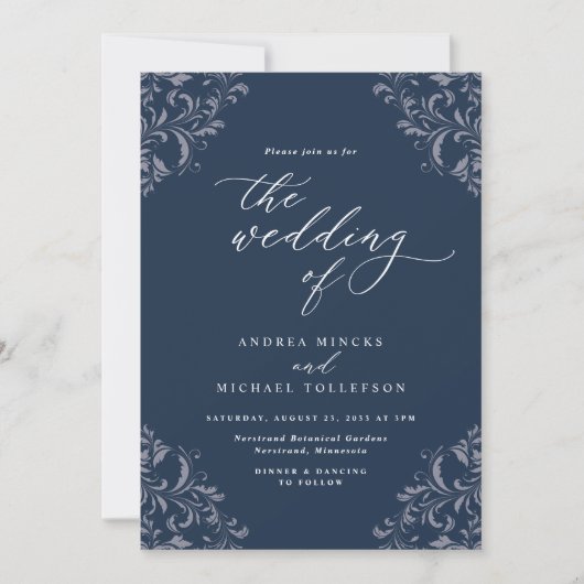 Elégant Marine Blue Vintage Mariage Invitations (Devant)
