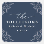 Élégant Marine Blue Wedding Favoriser Sticker Carr (Devant)