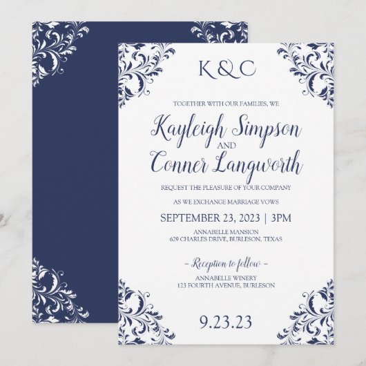 Elégant Marine Blue Wedding Invitations | VINTAGE (Devant / Derrière)