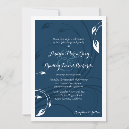 Elegant Marine Blue White Wedding Invitation Kaart (Voorkant)