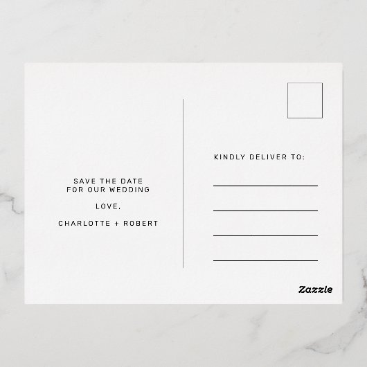 Elegant marine bruiloft bewaar het datumscript gou folie uitnodiging briefkaart (Achterkant)