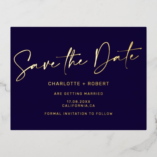 Elegant marine bruiloft bewaar het datumscript gou folie uitnodiging briefkaart (Voorkant)