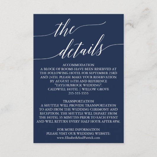 Elegant Marine Calligraphy Mariage Détails Carte (Devant)