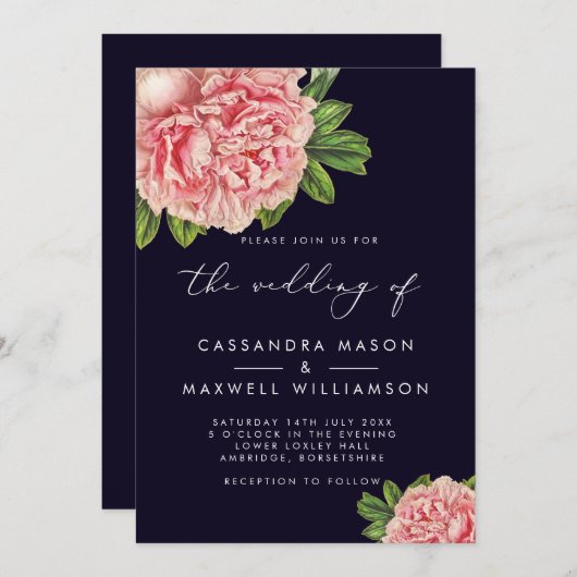 Elegant marine en roze pony bruilding kaart (Voorkant / Achterkant)