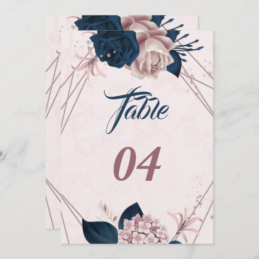 Elégant marine et rose poussiéreux numéro de table (Devant / Derrière)