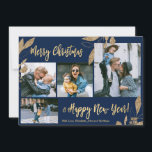 Elegant Marine Gold 4 Photo Collage Carte de Noël<br><div class="desc">Elégant, moderne or et Feuilles botaniques de la Marine 4 Photo Collage Joyeux Noël Carte de vacances. Ce modèle festif, minimaliste, fantaisiste de quatre (4) cartes de vacances photo présente un joli collage photo, faux feuilles botaniques de feuille d'or, des hivernages et dit Joyeux Noël et Bonne Année! Le texte...</div>