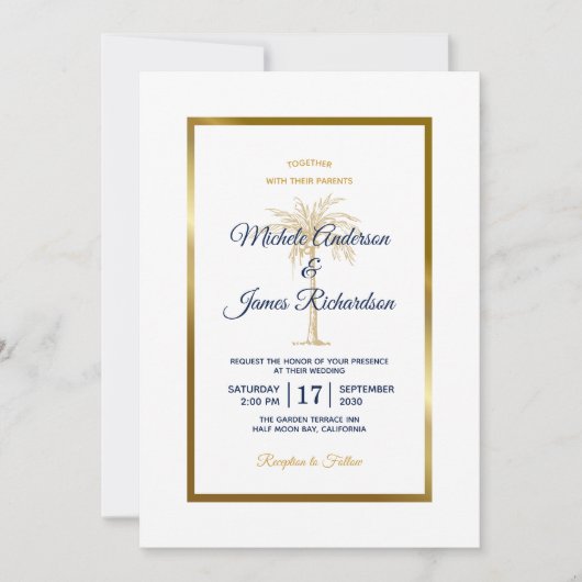 Elegant marine White Gold Palm Tree Modern Wedding Kaart (Voorkant)