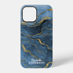 Elegant marineblauw agaat geode marmeren monogram iPhone 12 hoesje
