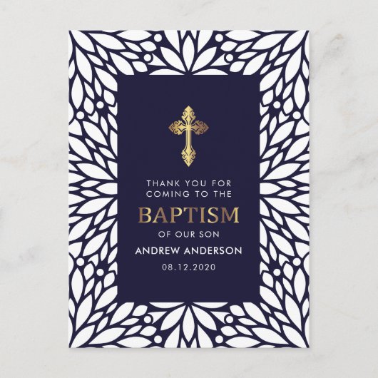 Elegant marineblauw en gouden doop dank u briefkaart (Voorkant)