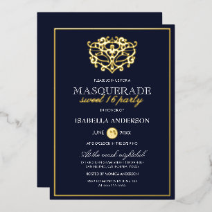 Elegant marineblauw en gouden masquerade Sweet 16- Folie Uitnodiging