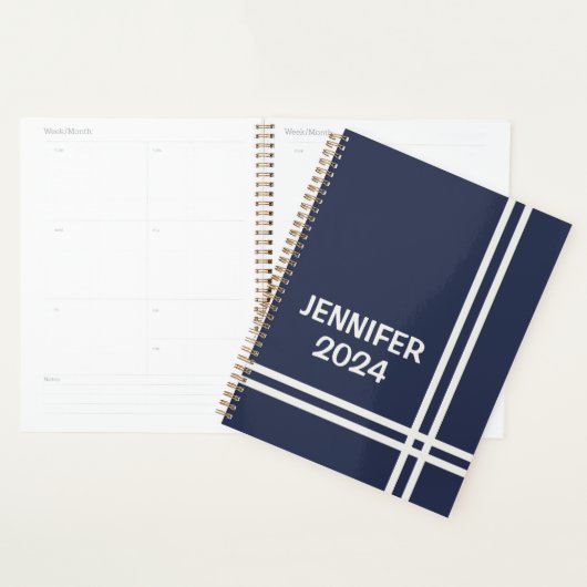 Elegant marineblauw en wit streepjesontwerp planner (Display)